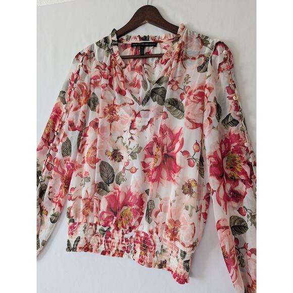 WHBM Womens Pink Garden Floral Sheer Long Balloon Sleeves Top XS Attached Cami - Picture 2 of 9